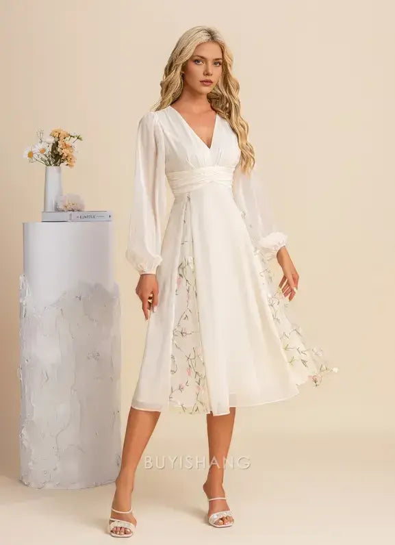 Elegant A-line V-Neck Long Sleeve Floral Embroidered Chiffon Midi Dress Prom Dresses
