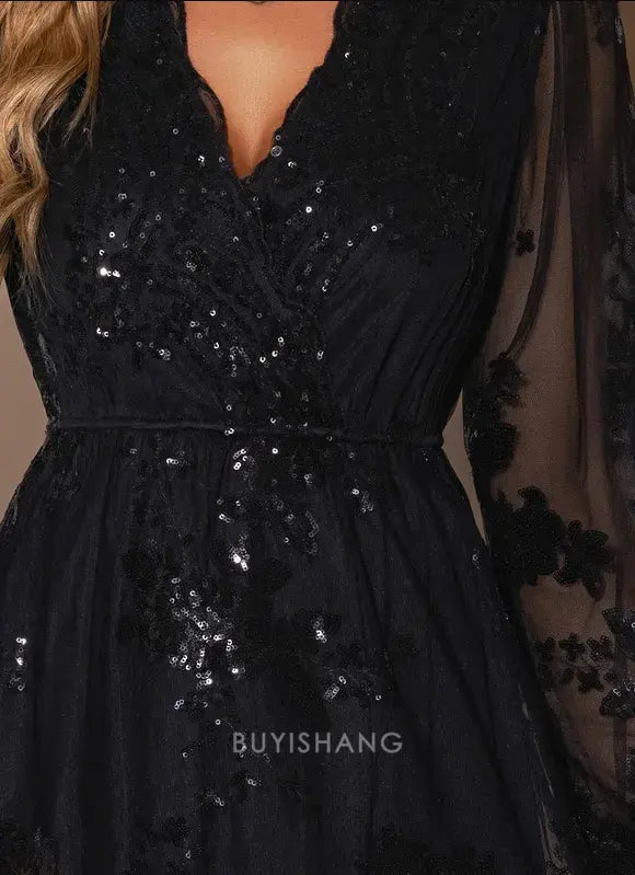 Elegant A-line V-Neck Long Sleeve Sequin Lace Midi Dress Prom Dresses