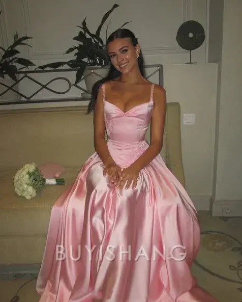 Buyishang Elegant A Line Spaghetti Straps Floor-length Satin Long Pink Evening Dress Prom Dresses