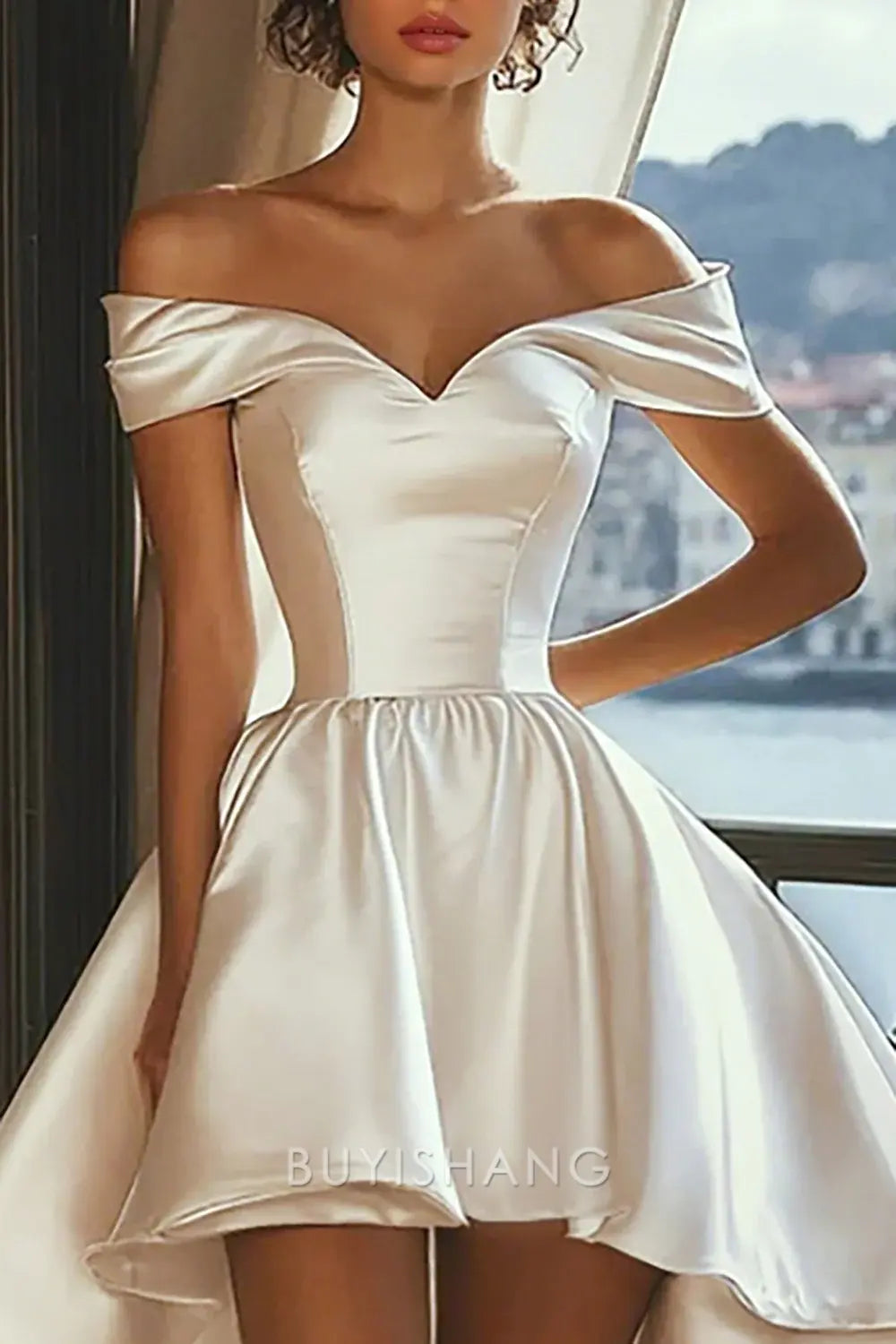 Elegant A Line White Off the Shoulder Asymmetrical Satin Graduation Dress Prom Dress