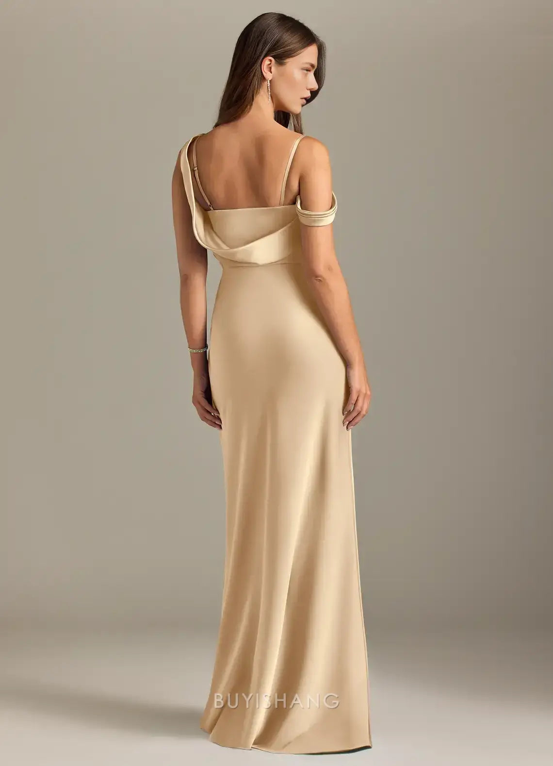 Elegant Asymmetrical Shoulder Draped Satin Maxi Dress with Side Slit Prom Dresses