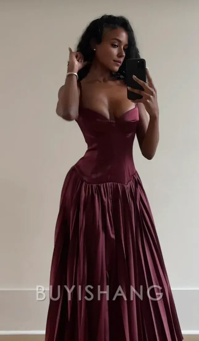 Buyishang Elegant Beautiful A line Spaghetti Straps Burgundy Long Satin Party Dresses Prom Dress