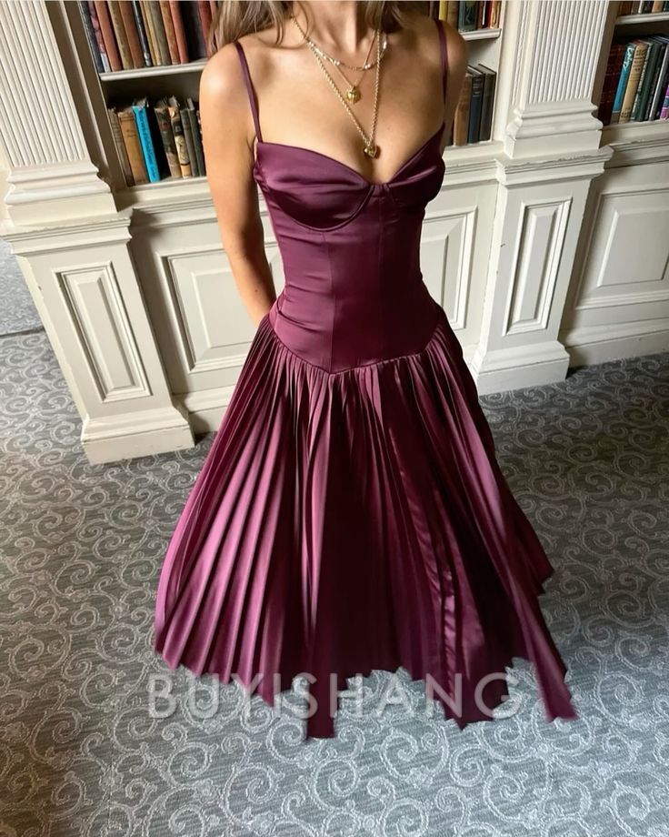 Buyishang Elegant Beautiful A line Spaghetti Straps Burgundy Long Satin Party Dresses Prom Dress