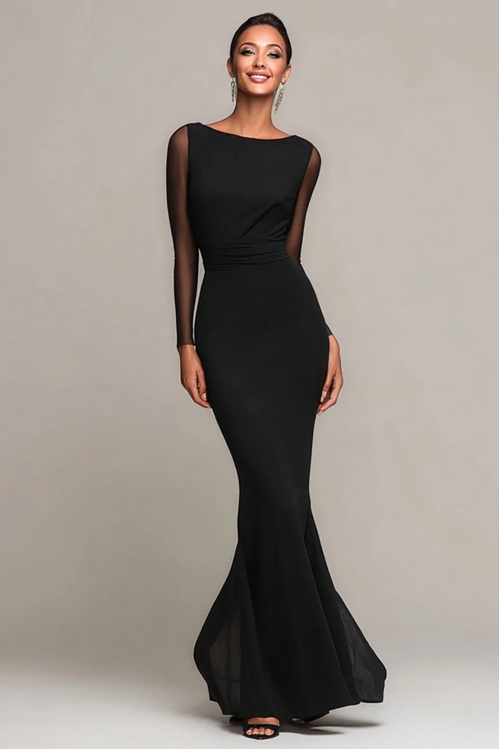 Elegant Black Boat Neck Mermaid Long Formal Dress with Sleeves Prom Dress