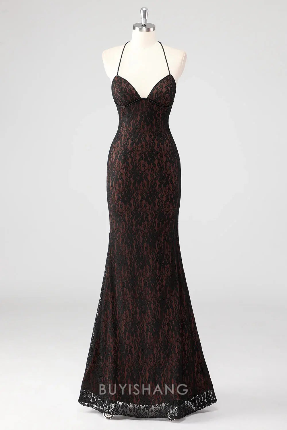 Elegant Black Spaghetti Straps Halter Neck Lace Mermaid Maxi Dress Backless Formal Dress Prom Dress