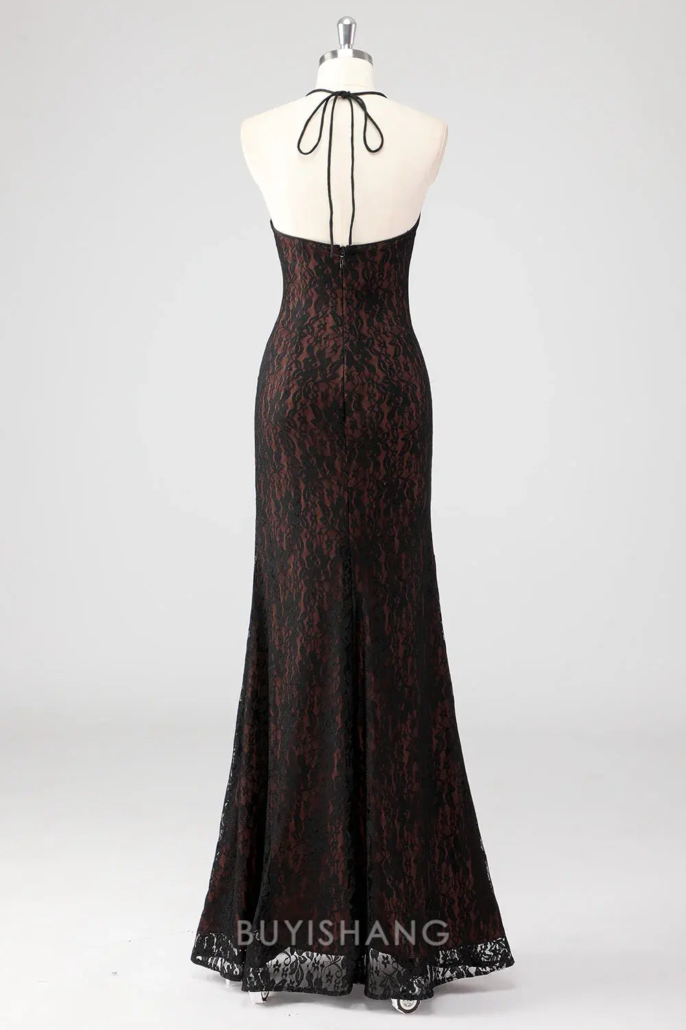 Elegant Black Spaghetti Straps Halter Neck Lace Mermaid Maxi Dress Backless Formal Dress Prom Dress