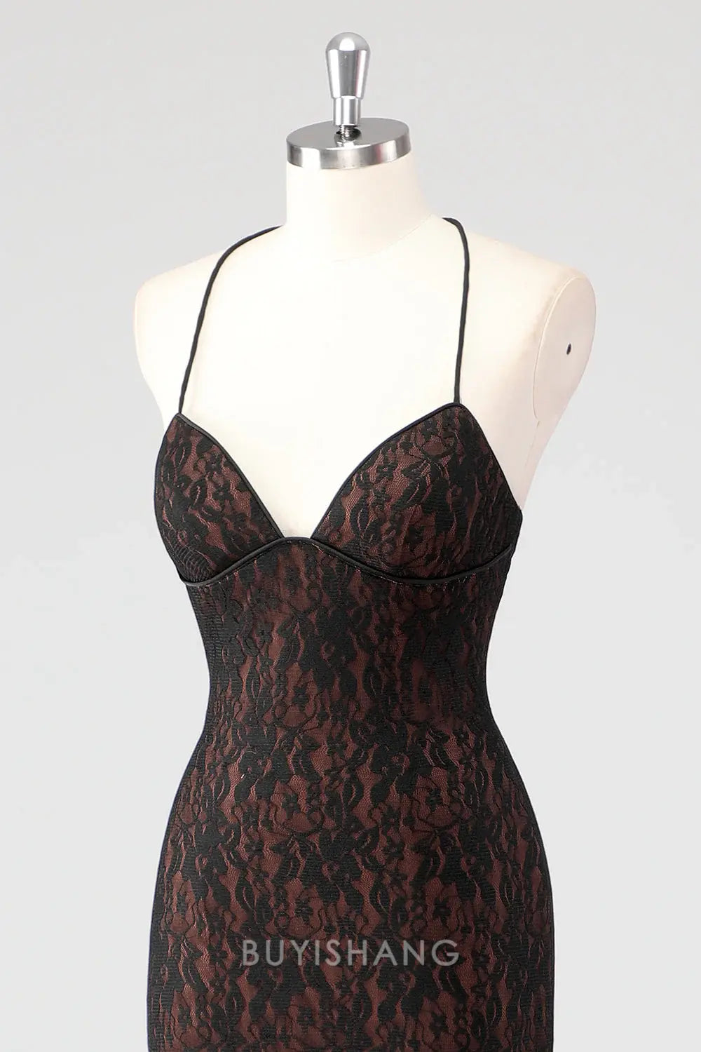 Elegant Black Spaghetti Straps Halter Neck Lace Mermaid Maxi Dress Backless Formal Dress Prom Dress