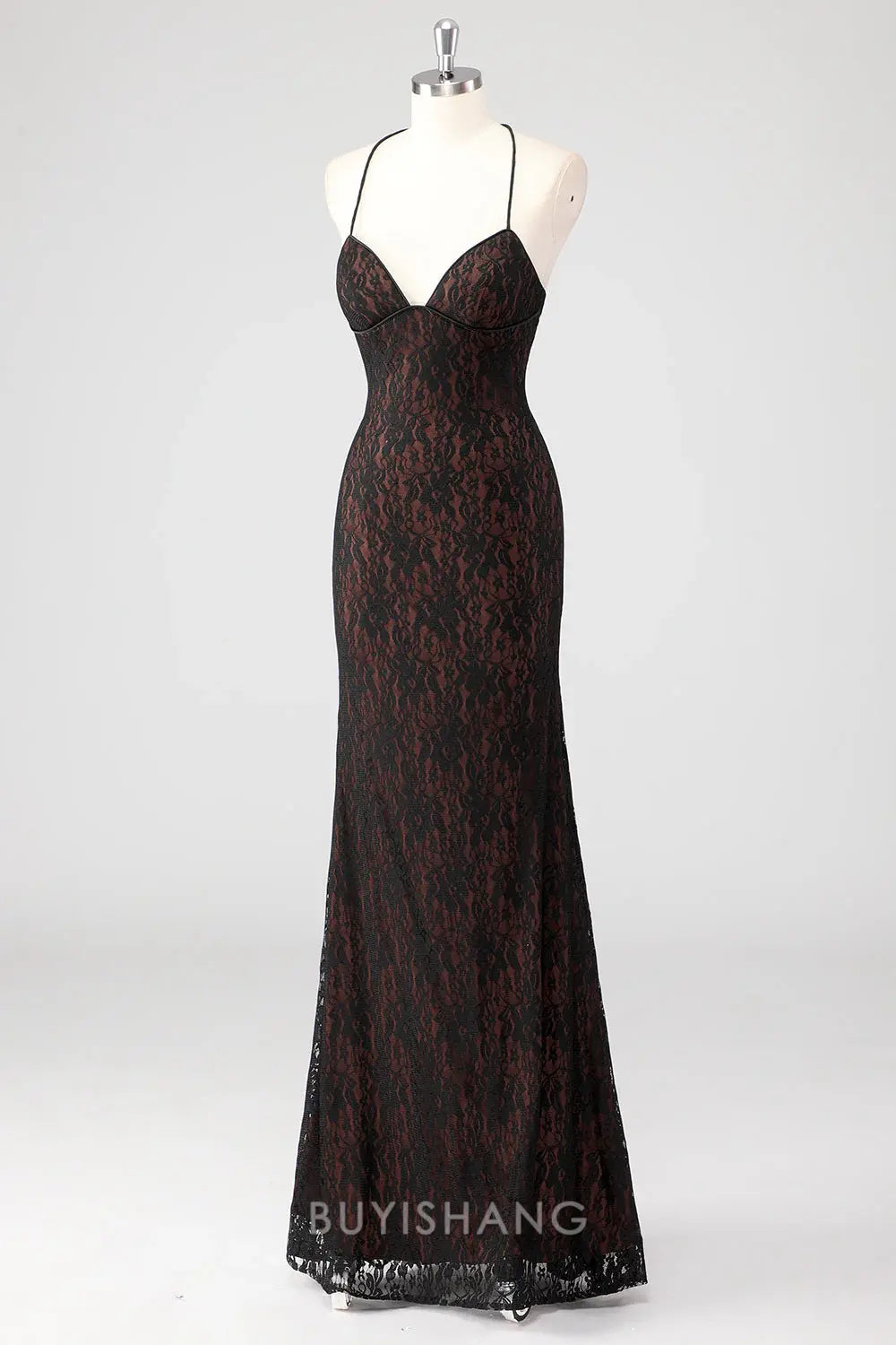 Elegant Black Spaghetti Straps Halter Neck Lace Mermaid Maxi Dress Backless Formal Dress Prom Dress