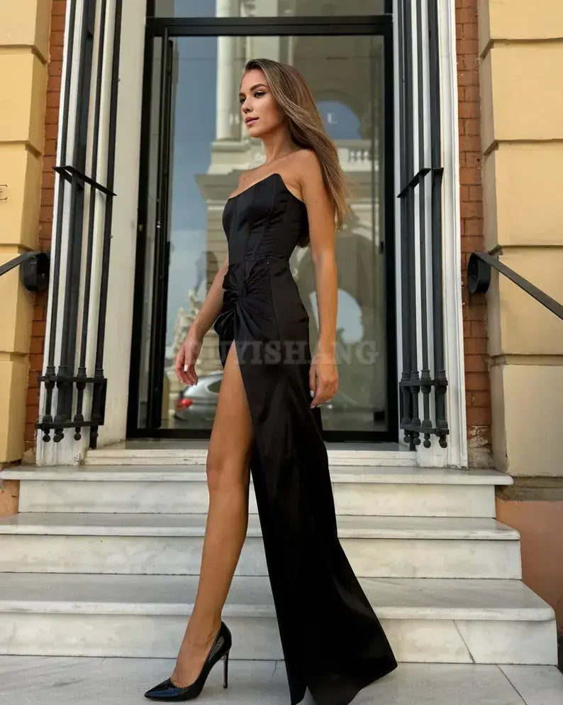 Buyishang Elegant Black Two-Piece Corset Dress Overbust Bustier High Slit Long Skirt Bridesmaid or Wedding Guest Dress