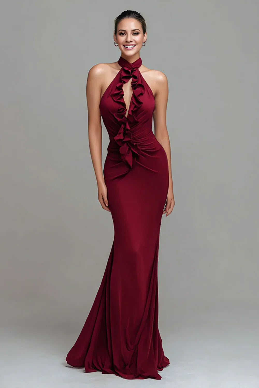 Elegant Burgundy Halter Mermaid Long Formal Dress with Ruffles Prom Dress