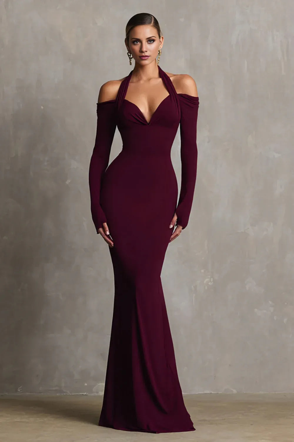 Elegant Burgundy Halter Neck Off-Shoulder Long Sleeve Mermaid Maxi Dress Prom Dress