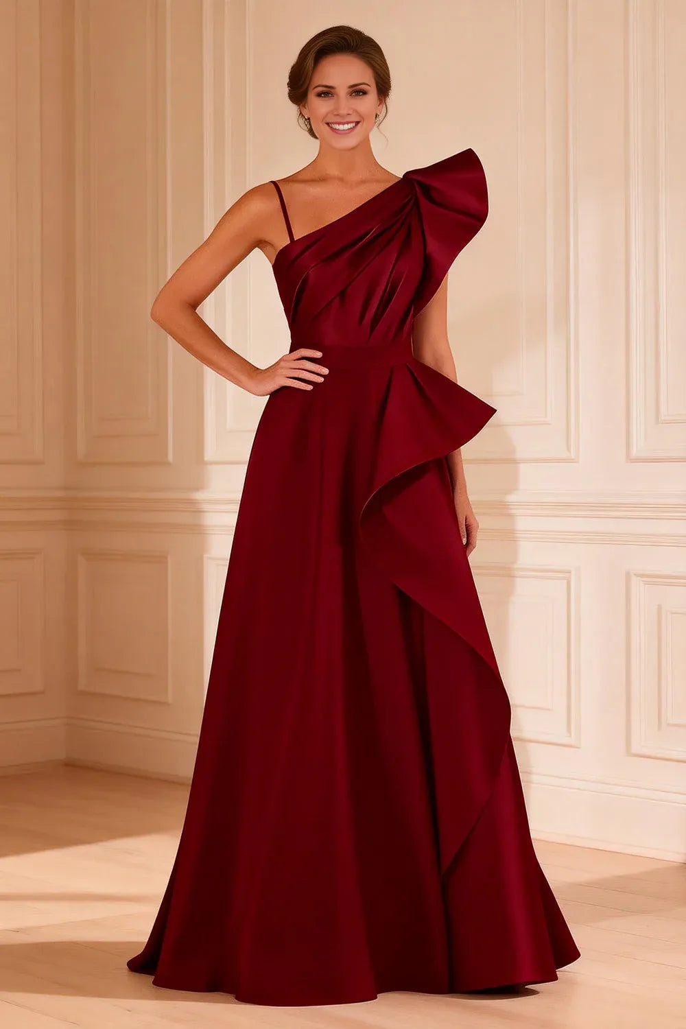 Elegant Burgundy One-Shoulder Thin Strap Oversized Bow Accent Satin Floor-Length Formal Gown Prom Dress