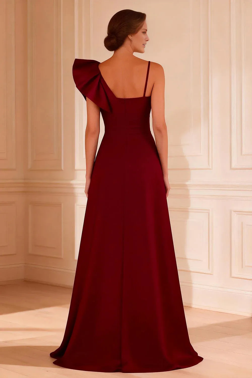 Elegant Burgundy One-Shoulder Thin Strap Oversized Bow Accent Satin Floor-Length Formal Gown Prom Dress