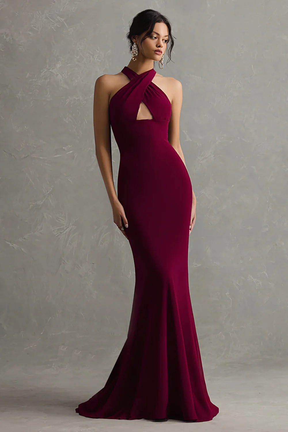 Elegant Burgundy Sleeveless Halter Mermaid Keyhole Long Formal Dress Prom Dress