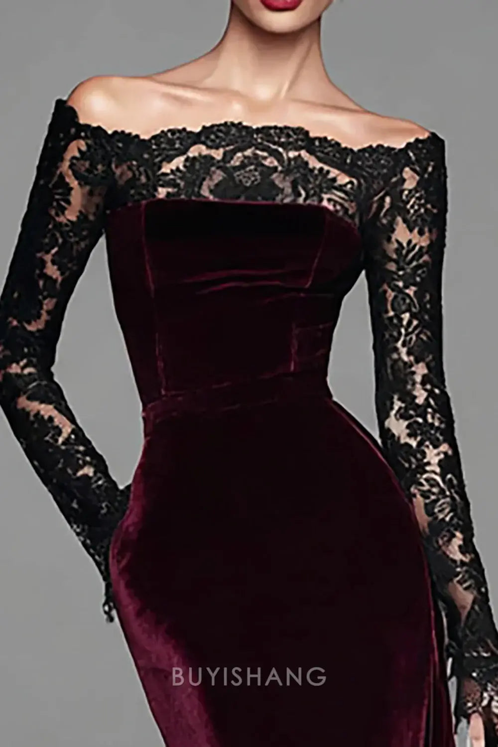 Elegant Burgundy Velvet Mermaid Long Sleeves Holiday Party Dress with Lace Prom Dress