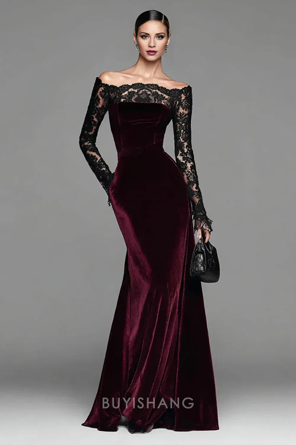 Elegant Burgundy Velvet Mermaid Long Sleeves Holiday Party Dress with Lace Prom Dress
