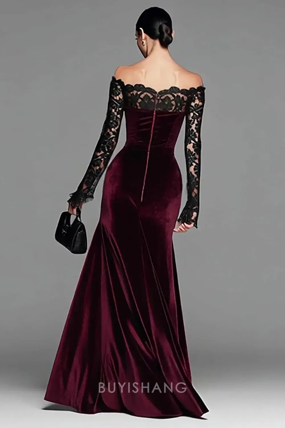 Elegant Burgundy Velvet Mermaid Long Sleeves Holiday Party Dress with Lace Prom Dress