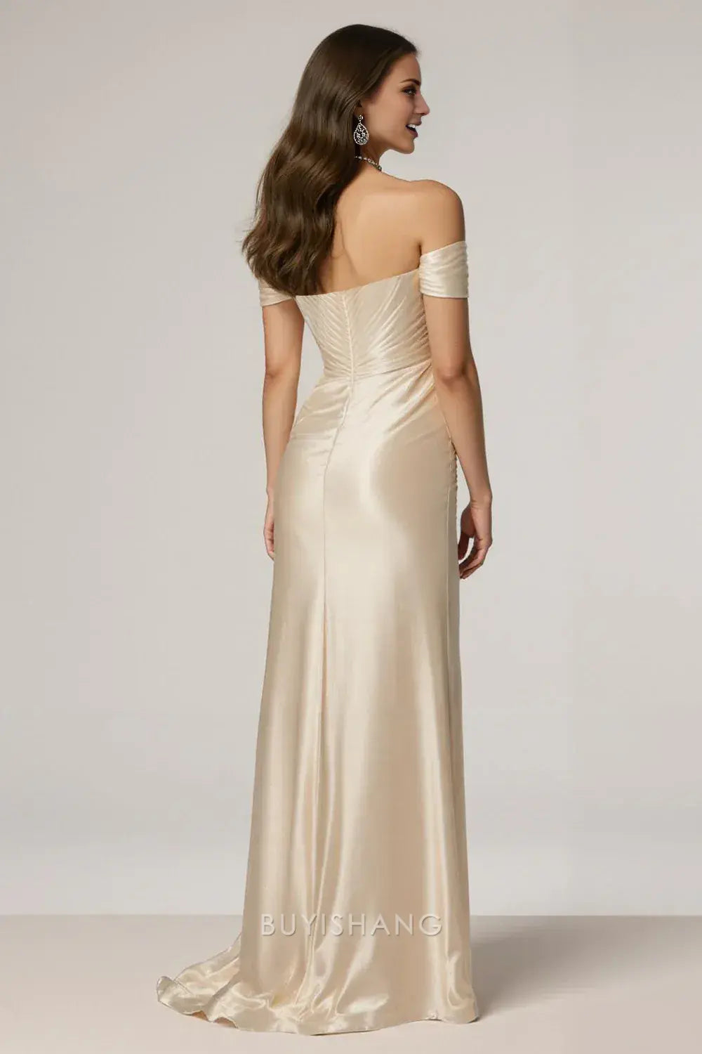 Elegant Champagne Mermaid Off the Shoulder Satin Ruched Long Formal Dress with Slit Prom Dress