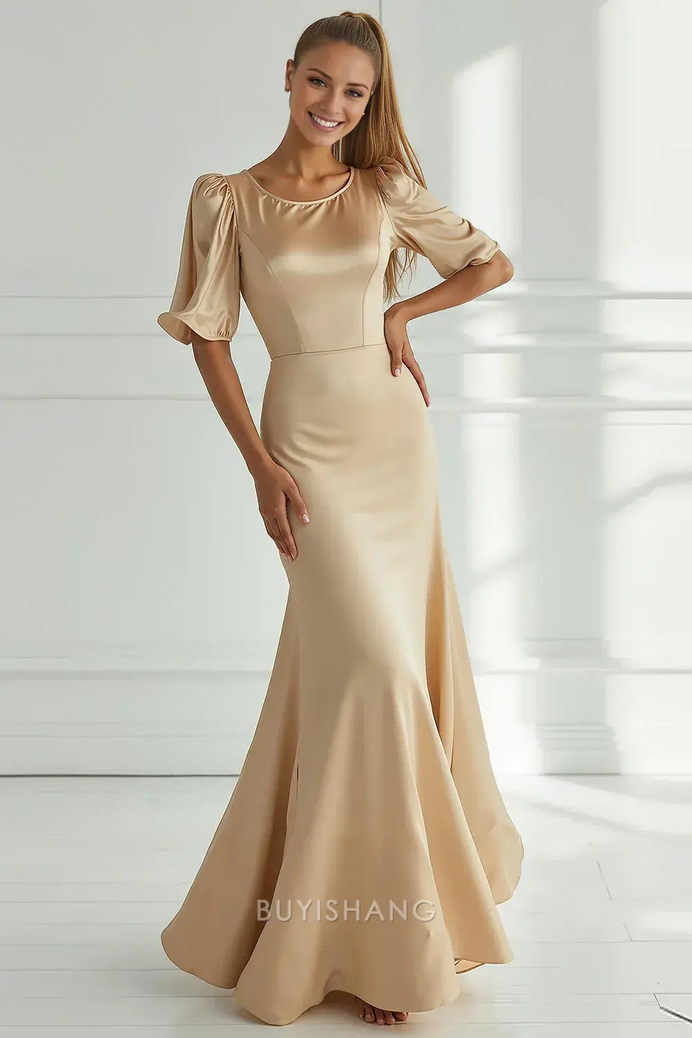 Elegant Champagne Satin Mermaid Long Formal Dress with Short Sleeves Prom Dress