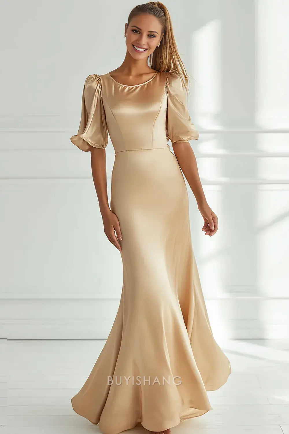 Elegant Champagne Satin Mermaid Long Formal Dress with Short Sleeves Prom Dress