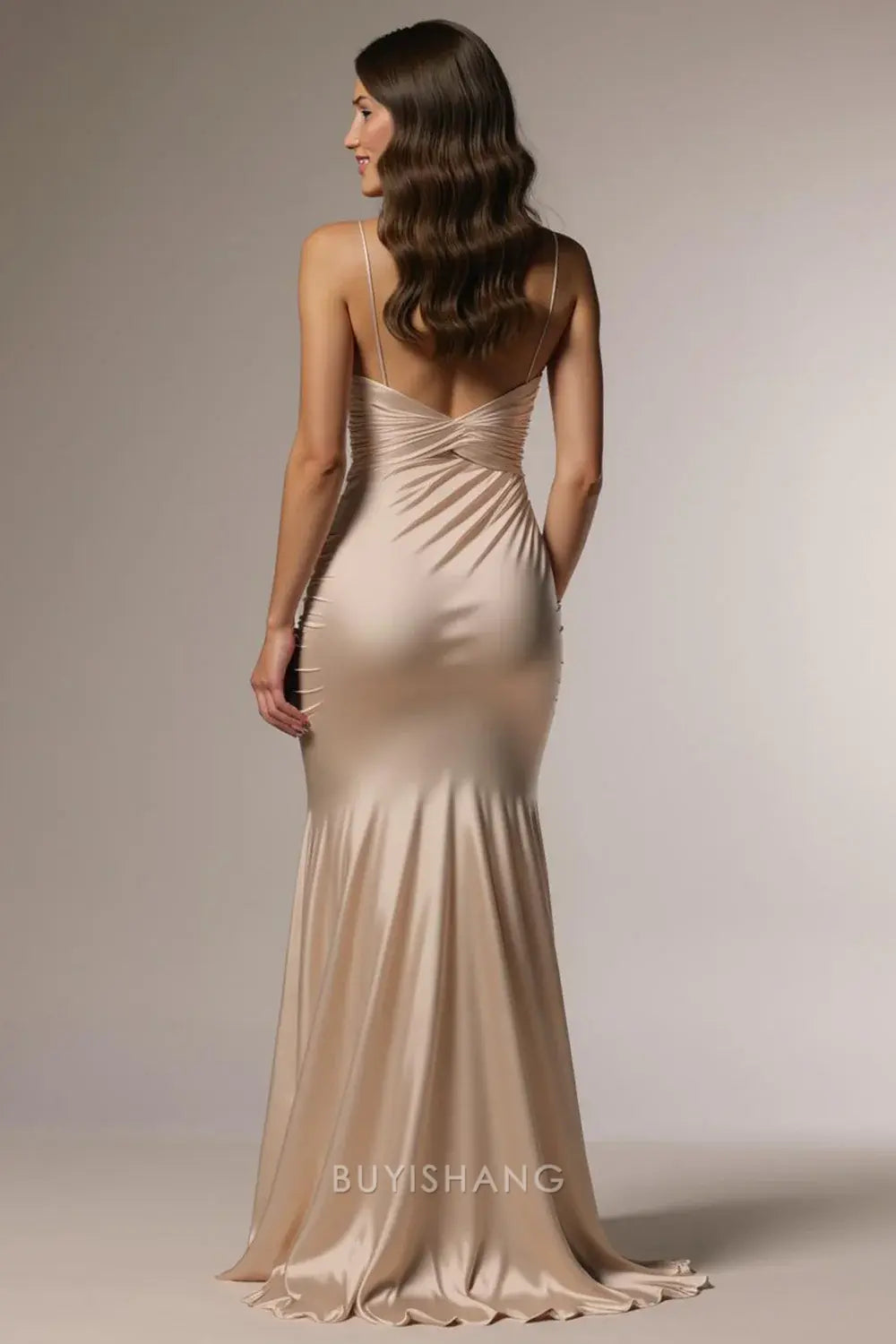 Elegant Champagne Spaghetti Straps Ruched Mermaid Long Formal Dress with Slit Prom Dress