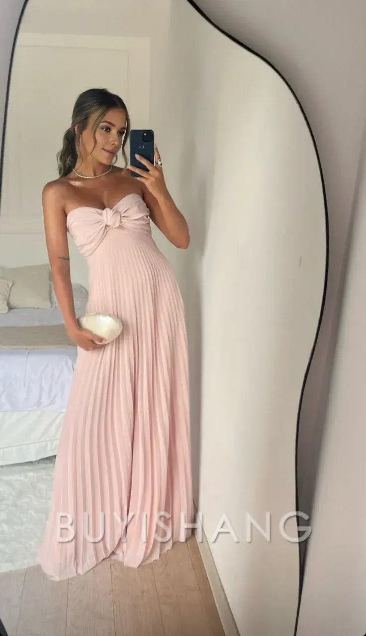 Buyishang Elegant Classy A Line Strapless Light Pink Chiffon Long Prom Dresses Evening Dress With Ruffles