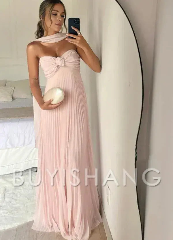 Buyishang Elegant Classy A Line Strapless Light Pink Chiffon Long Prom Dresses Evening Dress With Ruffles