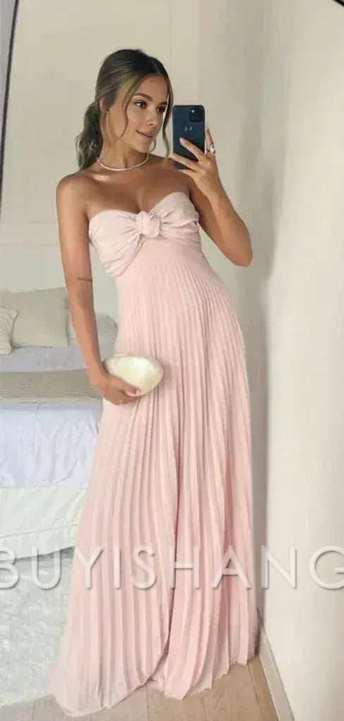 Buyishang Elegant Classy A Line Strapless Light Pink Chiffon Long Prom Dresses Evening Dress With Ruffles