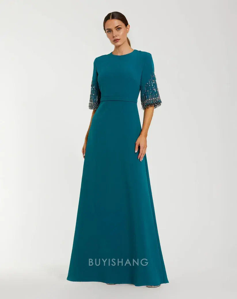 Elegant Crew Neck Embellished Sleeve A-Line Maxi Dress Mother of the Bride Dress