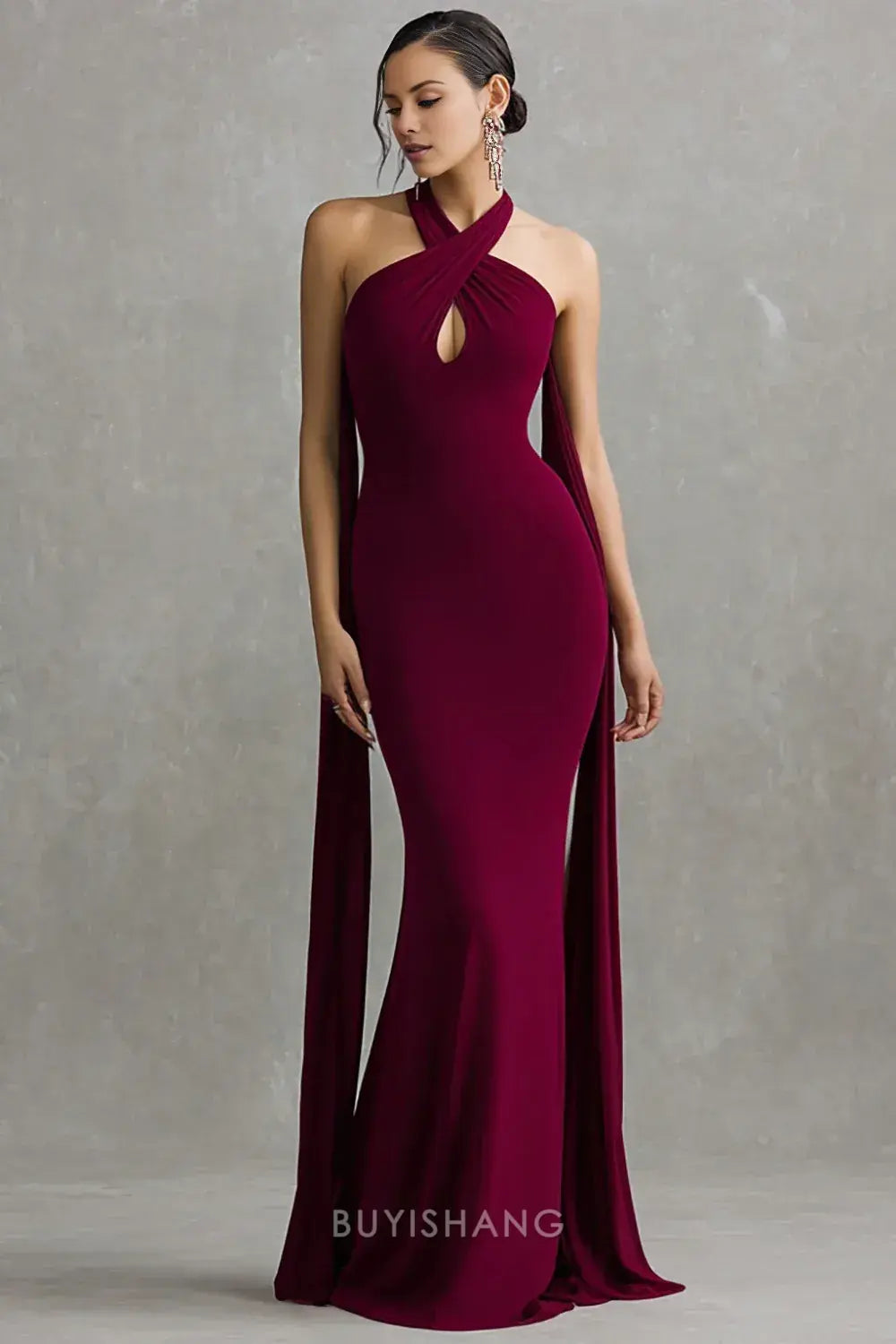 Elegant Cross Halter Keyhole Cutout Cape Mermaid Maxi Dress Prom Dress