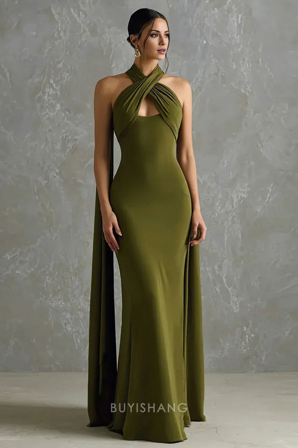 Elegant Cross Halter Keyhole Cutout Cape Satin Mermaid Maxi Dress Prom Dress