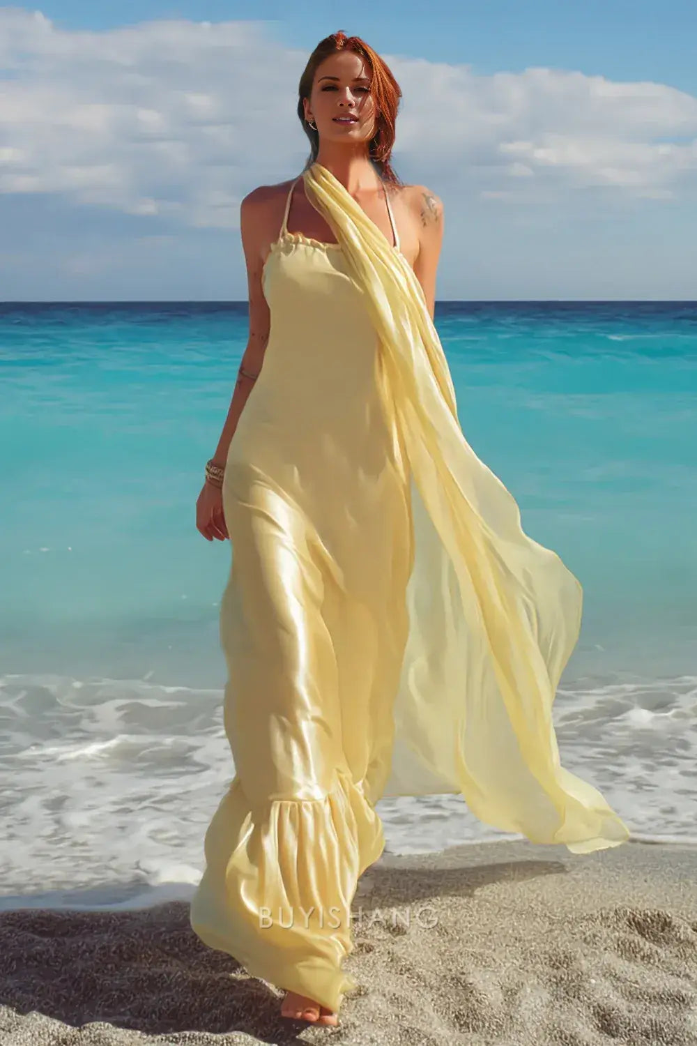 Elegant Daffodil Neck Scarf Long Satin Ruffled Flowy Floor-Length Maxi Dress Prom Dress