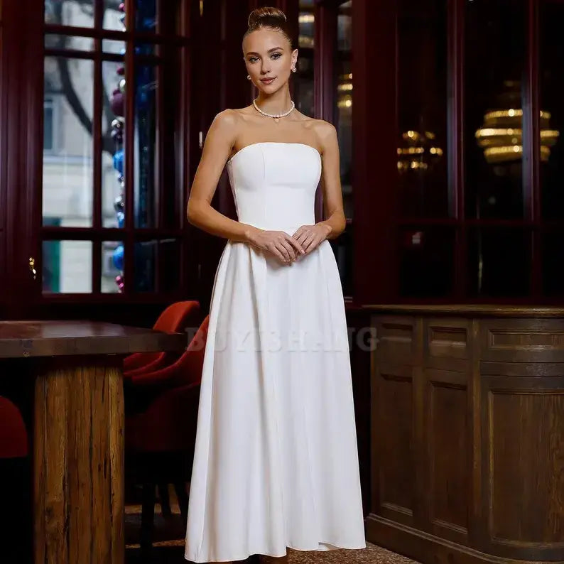 Buyishang Elegant Elopment Strapless White Midi Dress – Premium Crepe Fabric for Formal Events Weddings & Special Occasions