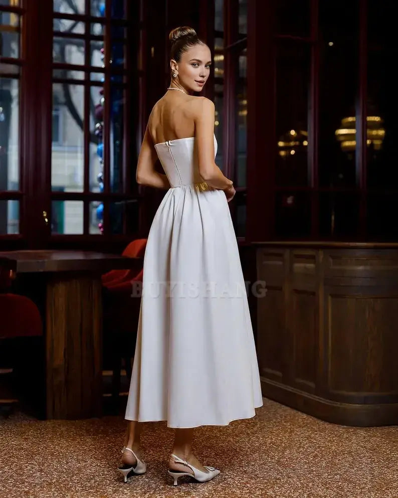 Buyishang Elegant Elopment Strapless White Midi Dress – Premium Crepe Fabric for Formal Events Weddings & Special Occasions