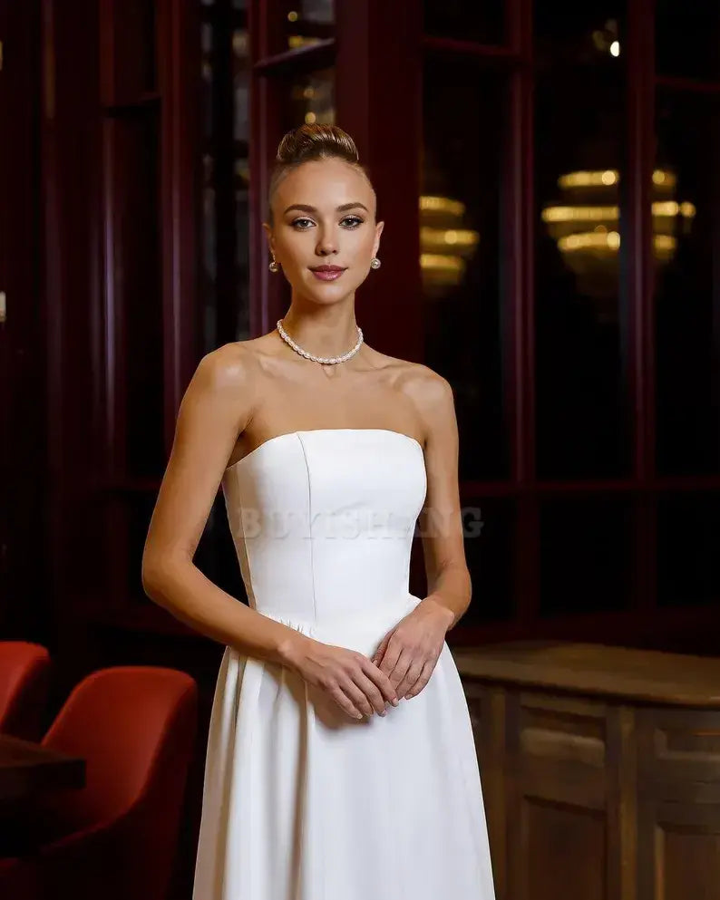 Buyishang Elegant Elopment Strapless White Midi Dress – Premium Crepe Fabric for Formal Events Weddings & Special Occasions
