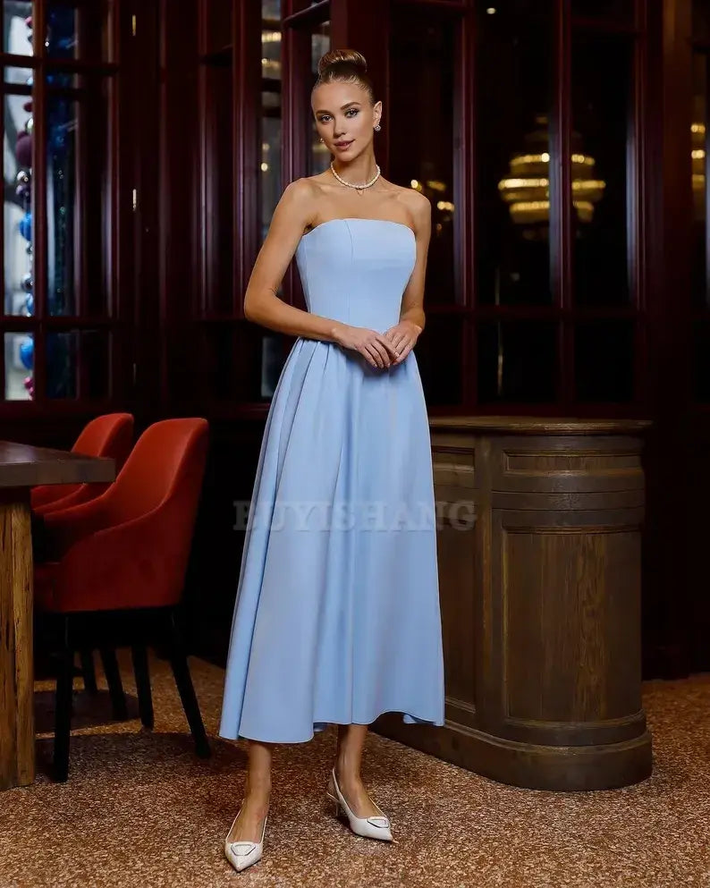 Buyishang Elegant Elopment Strapless White Midi Dress – Premium Crepe Fabric for Formal Events Weddings & Special Occasions