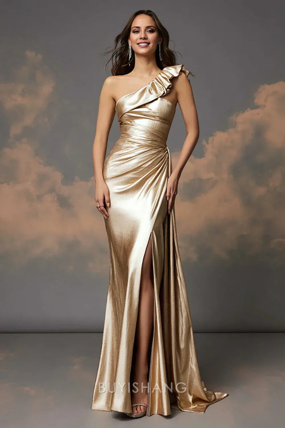 Elegant Glitter Gold Sheath One Shoulder Ruched Prom Dress with Slit Prom Dress