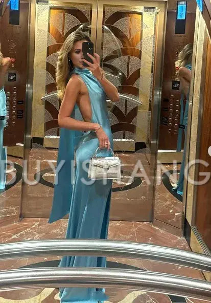 Buyishang Elegant Gorgeous Mermaid Halter Satin Long Party Dresses Blue Backless Prom Dress