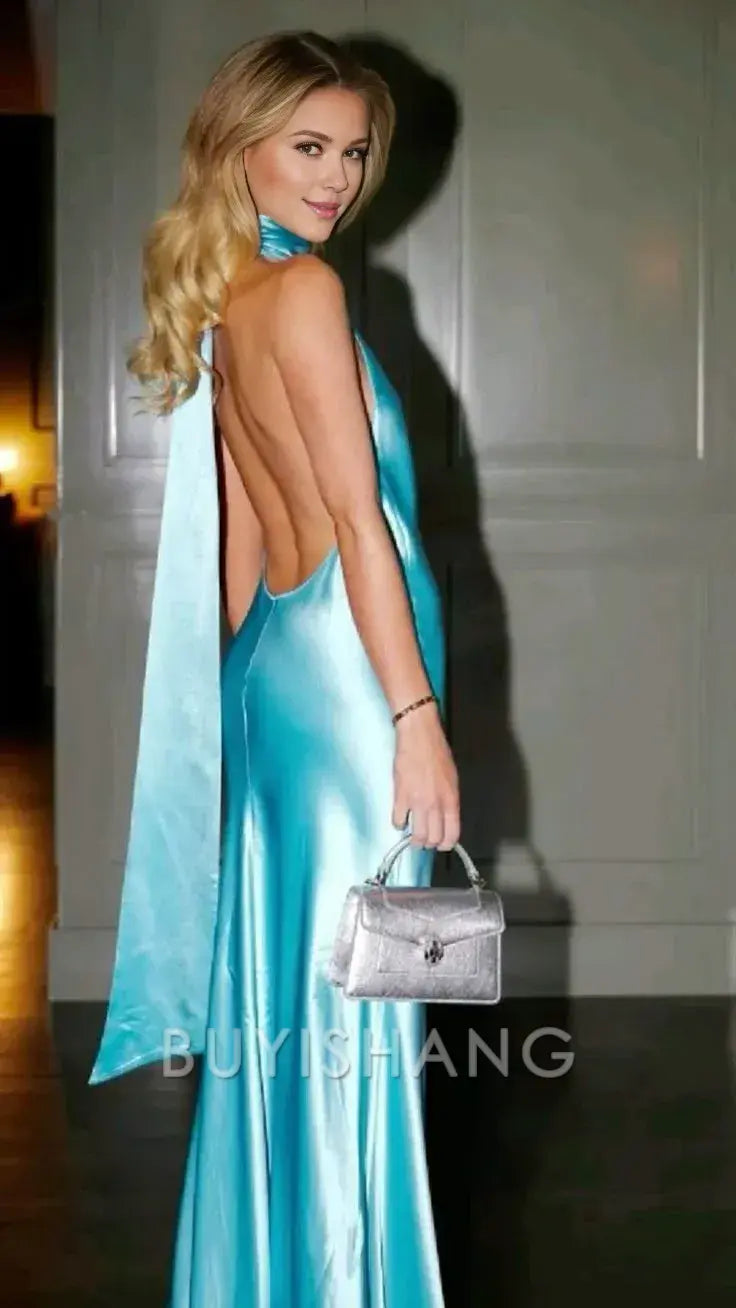 Buyishang Elegant Gorgeous Mermaid Halter Satin Long Party Dresses Blue Backless Prom Dress