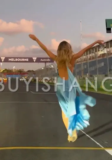 Buyishang Elegant Gorgeous Mermaid Halter Satin Long Party Dresses Blue Backless Prom Dress