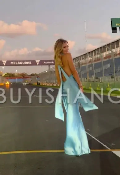 Buyishang Elegant Gorgeous Mermaid Halter Satin Long Party Dresses Blue Backless Prom Dress