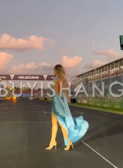 Buyishang Elegant Gorgeous Mermaid Halter Satin Long Party Dresses Blue Backless Prom Dress