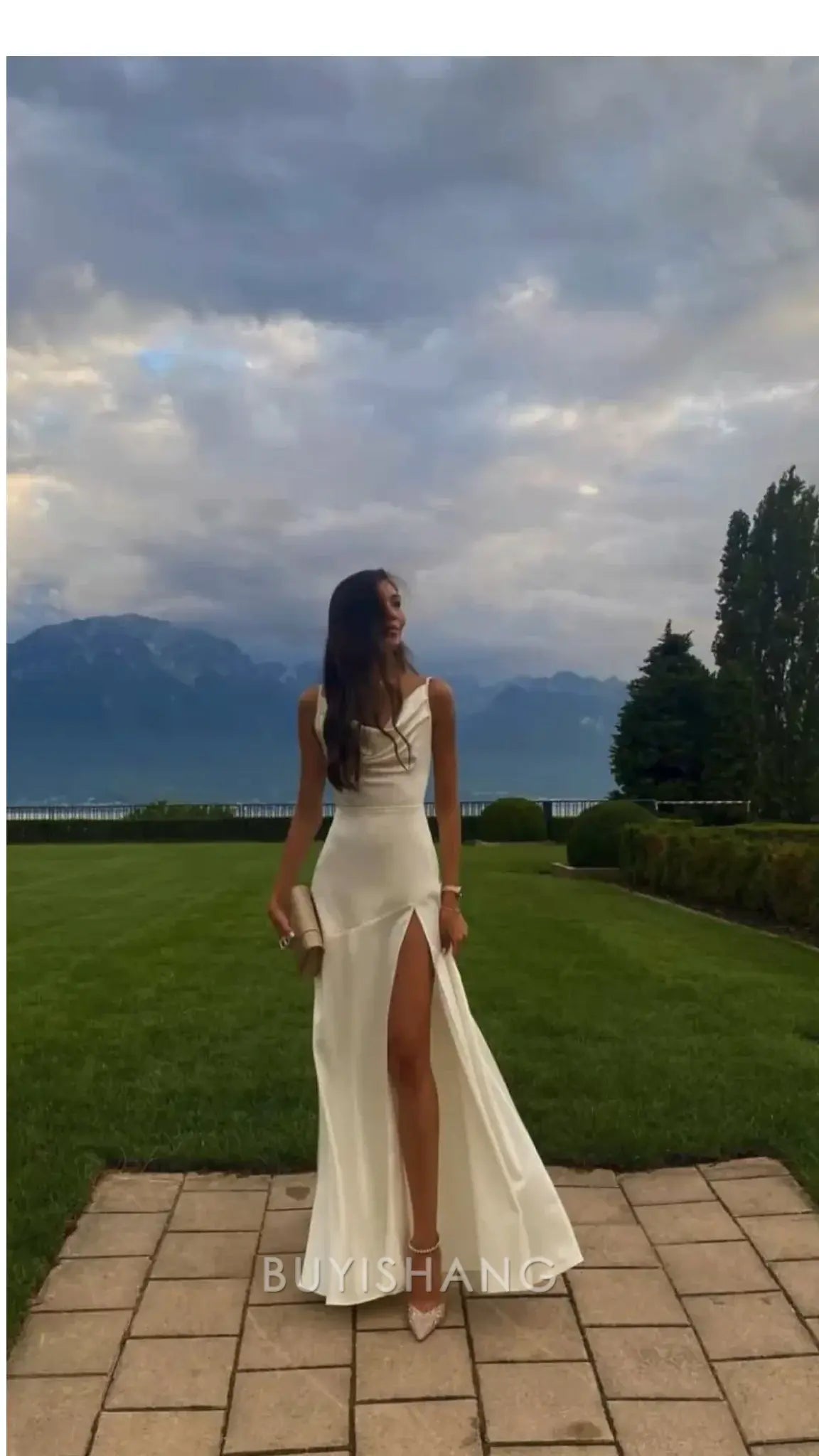 Buyishang Elegant Gorgeous Mermaid Spaghetti Straps Floor-length White Slit Evening Dress Prom Dresses