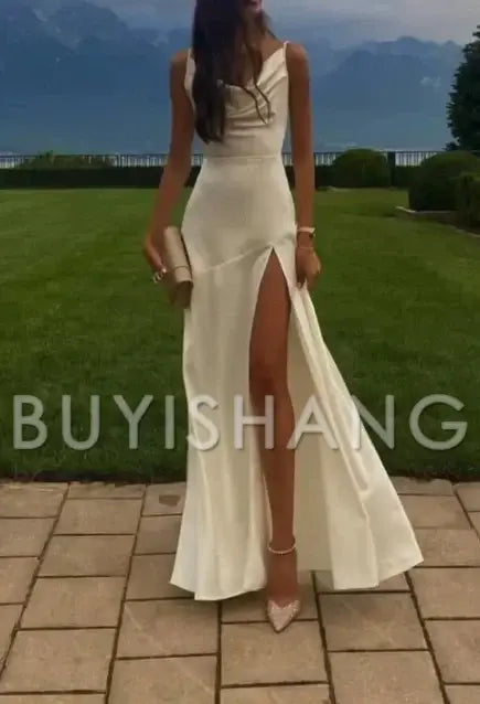 Buyishang Elegant Gorgeous Mermaid Spaghetti Straps Floor-length White Slit Evening Dress Prom Dresses