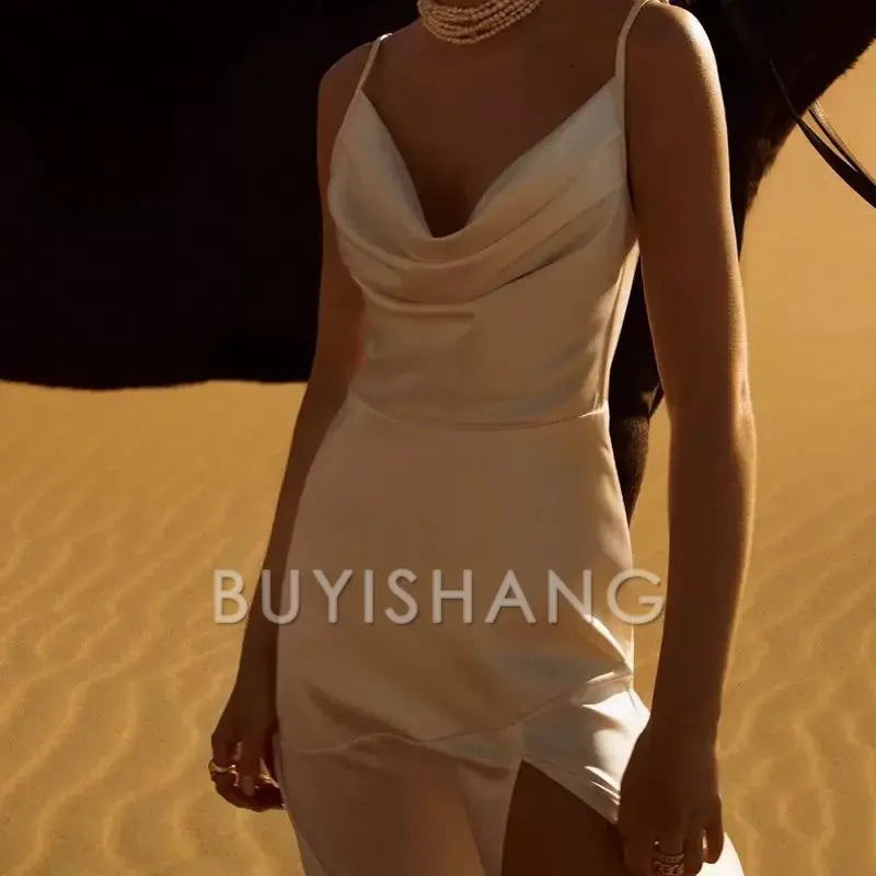 Buyishang Elegant Gorgeous Mermaid Spaghetti Straps Floor-length White Slit Evening Dress Prom Dresses