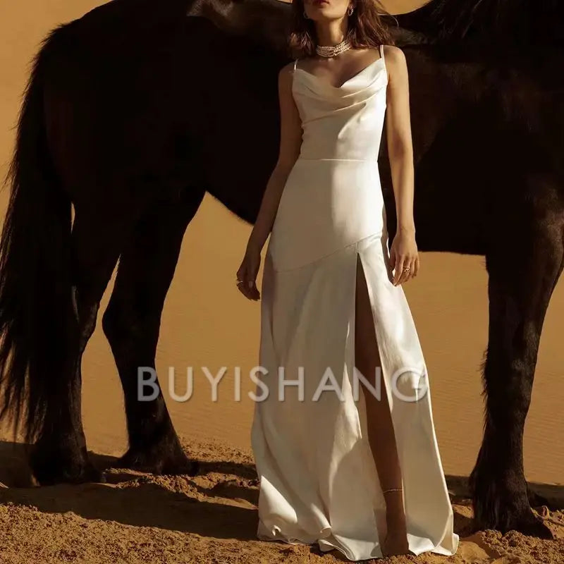 Buyishang Elegant Gorgeous Mermaid Spaghetti Straps Floor-length White Slit Evening Dress Prom Dresses