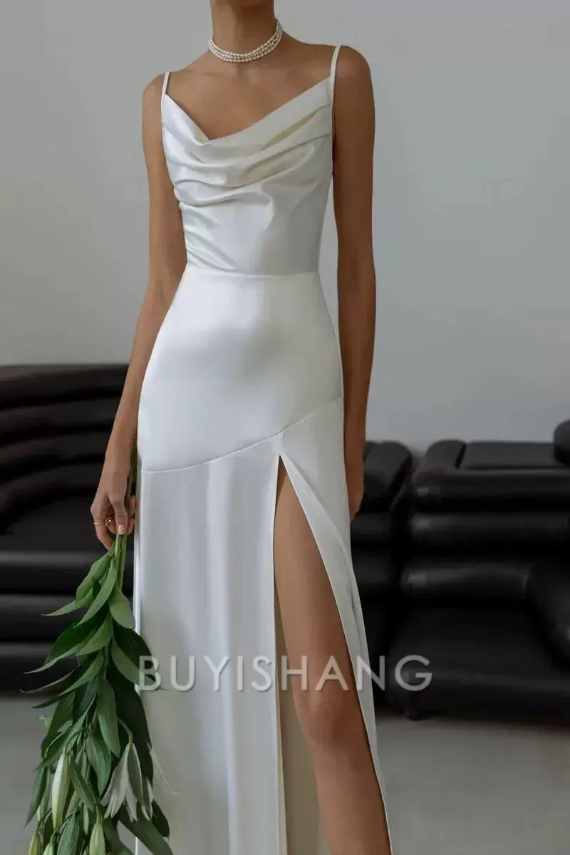 Buyishang Elegant Gorgeous Mermaid Spaghetti Straps Floor-length White Slit Evening Dress Prom Dresses