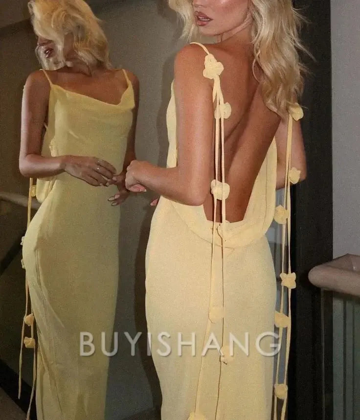 Buyishang Elegant Gorgeous Mermaid Spaghetti Straps Floor Length Floral Yellow Evening Dress Prom Dresses