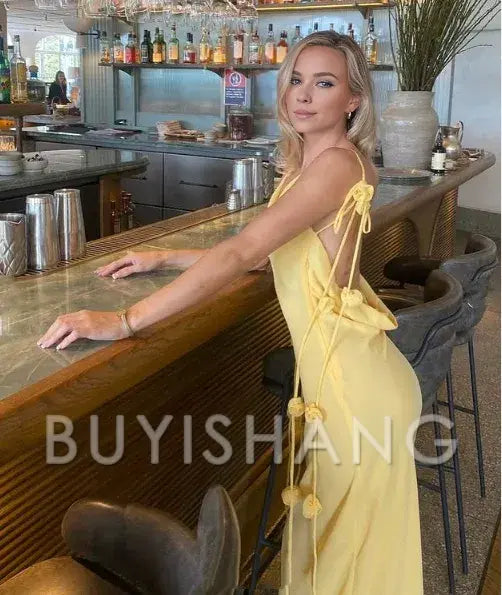 Buyishang Elegant Gorgeous Mermaid Spaghetti Straps Floor Length Floral Yellow Evening Dress Prom Dresses