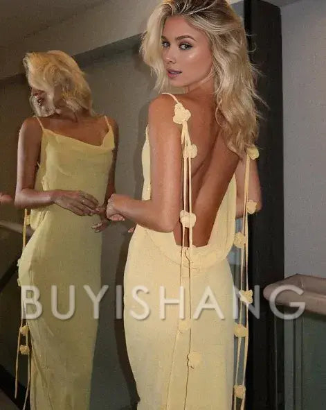 Buyishang Elegant Gorgeous Mermaid Spaghetti Straps Floor Length Floral Yellow Evening Dress Prom Dresses